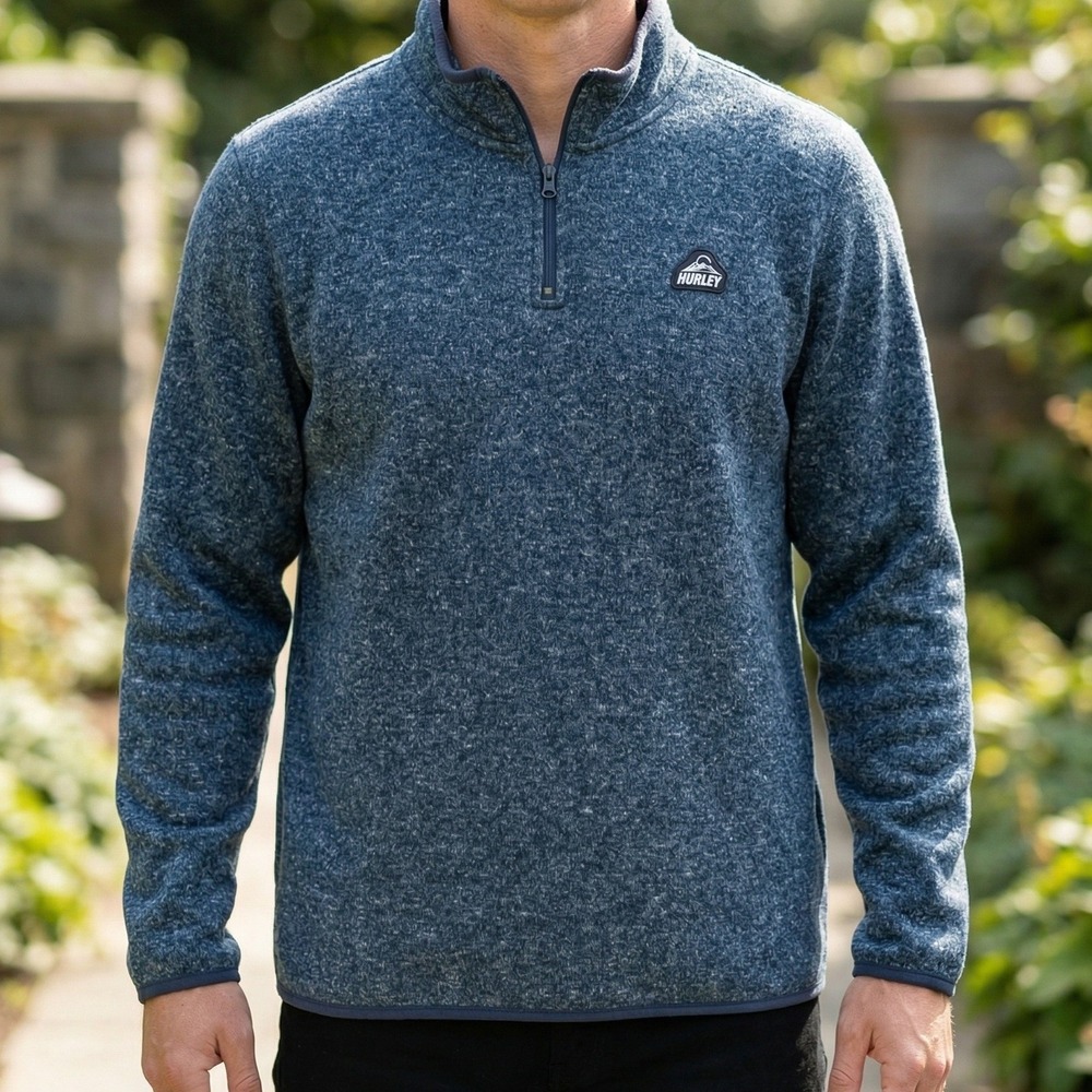 Hurley Mens Quarter Zip Pullover Blue Marl Heathered Sweater Fleece XL Mock Neck